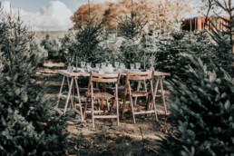 Houten barnwood tafel met borden, vintage glazen en groene servetten door Elle Weddings tussen de kerstbomen
