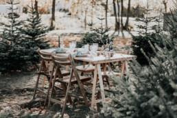 Houten barnwood tafel met borden, vintage glazen en groene servetten door Elle Weddings tussen de kerstbomen